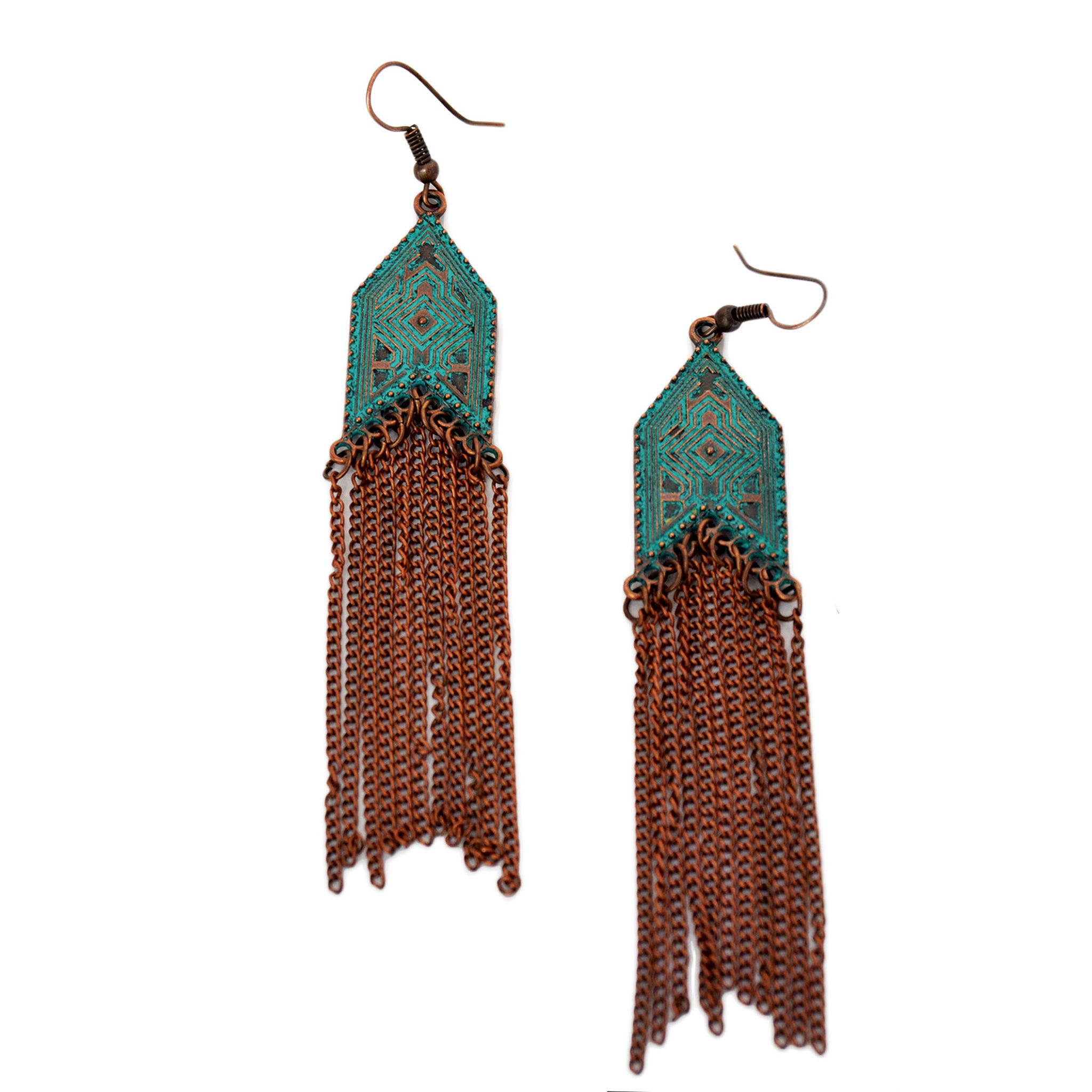 Multi chain dangly earrings with geometric design and green blue patina on copper