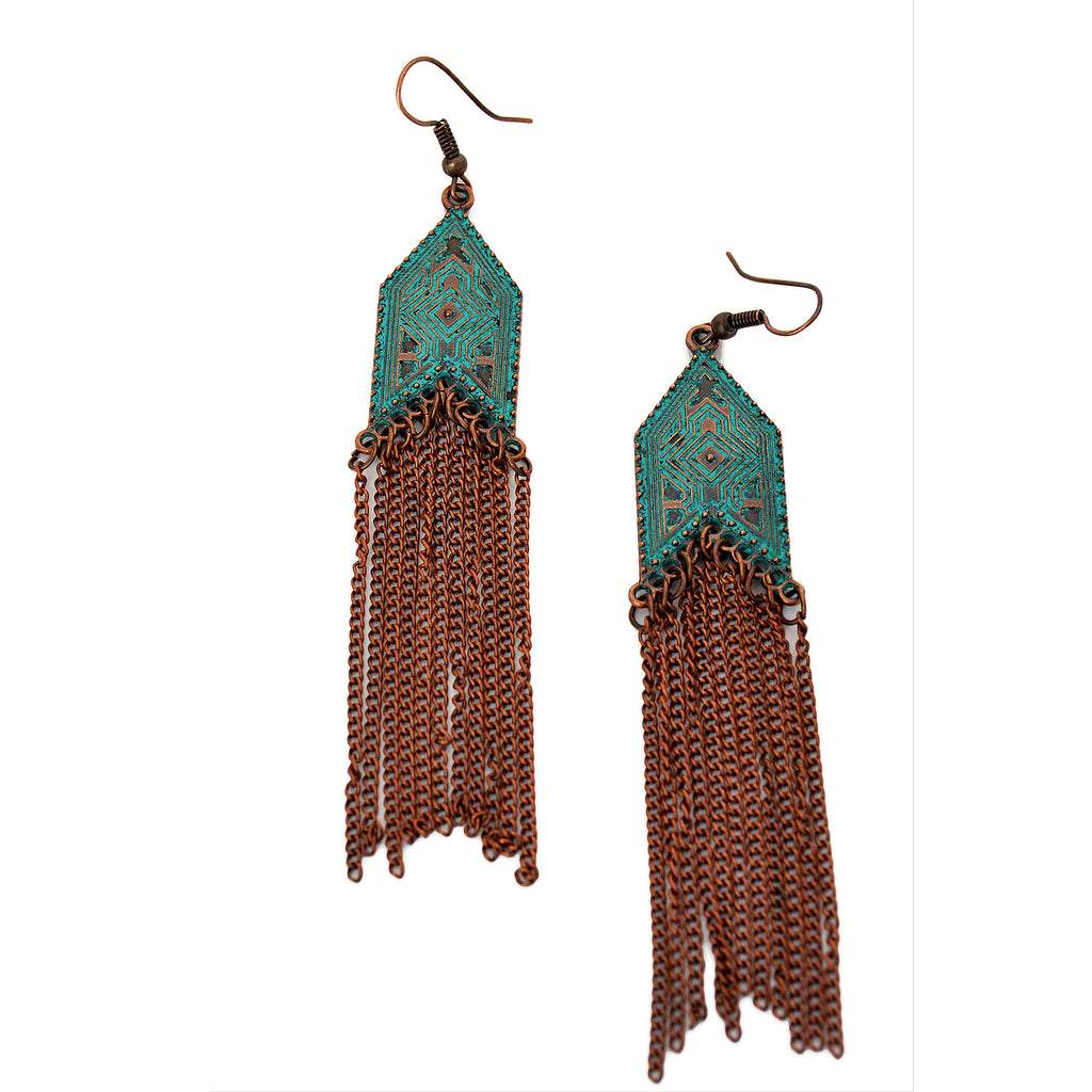 Multi chain drop earrings with geometric design and old green blue patina on copper