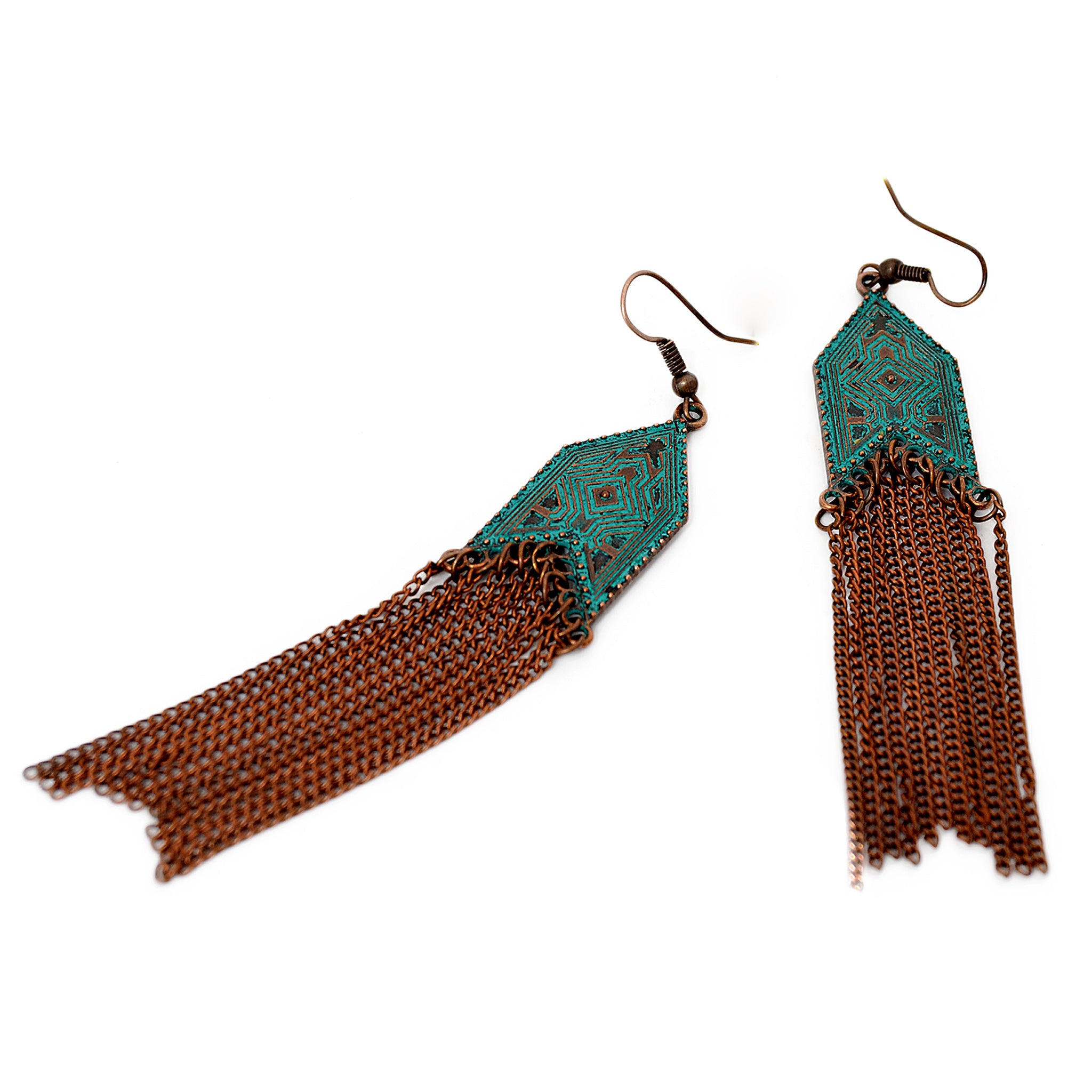 Multi chain hanging earrings with geometric design and green blue patina on copper