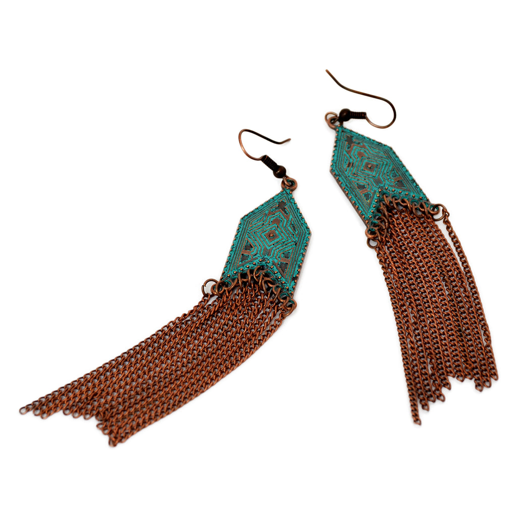 Multi chain drop earrings with geometric design and aged green blue patina on copper