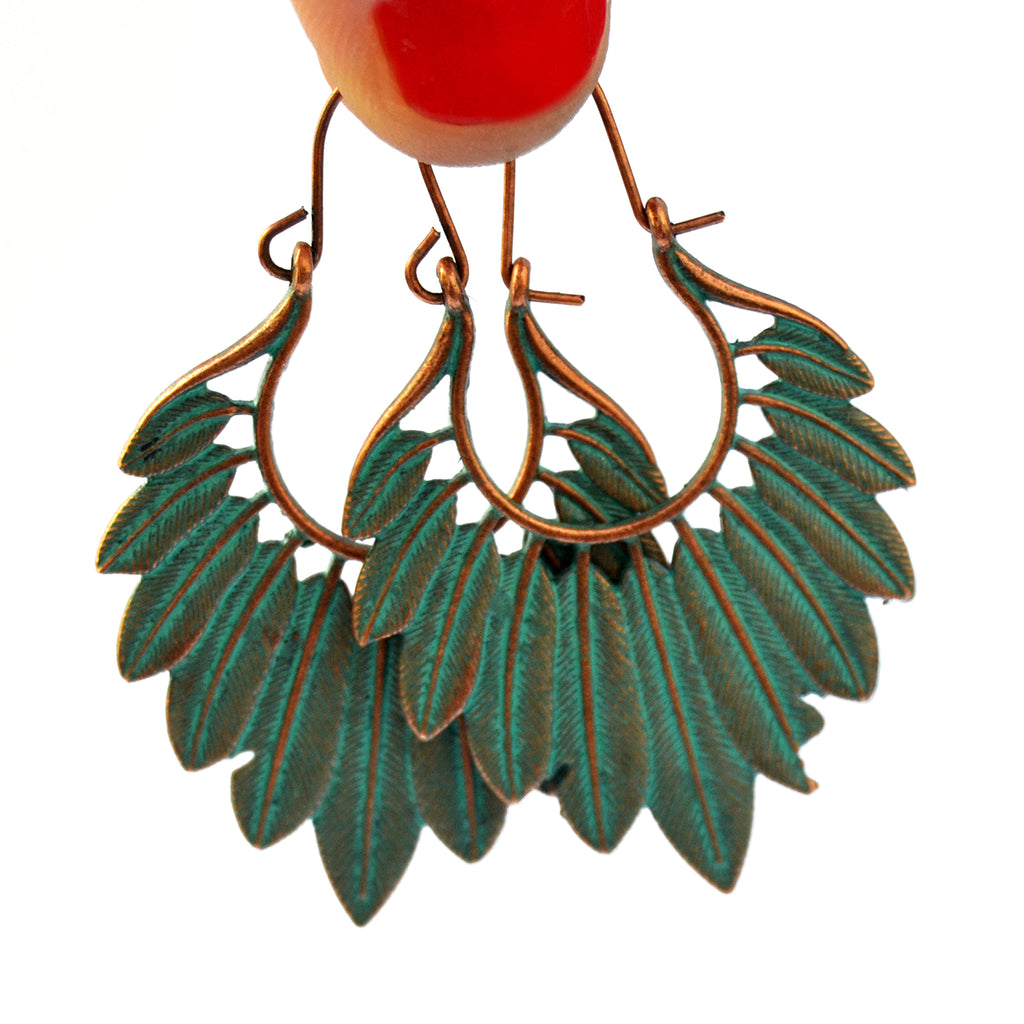 Green copper feather earrings