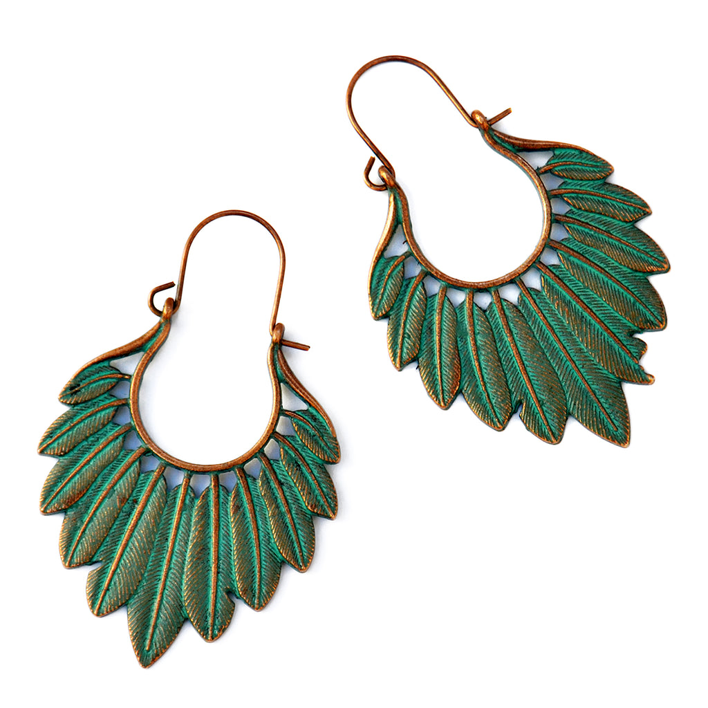 Copper verdigris feather earrings