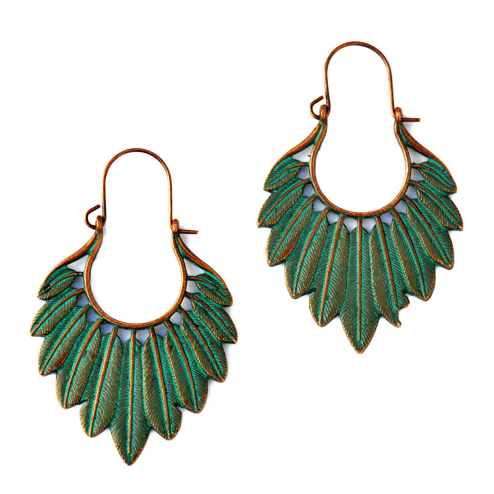 Ethnic feather earrings verdigris