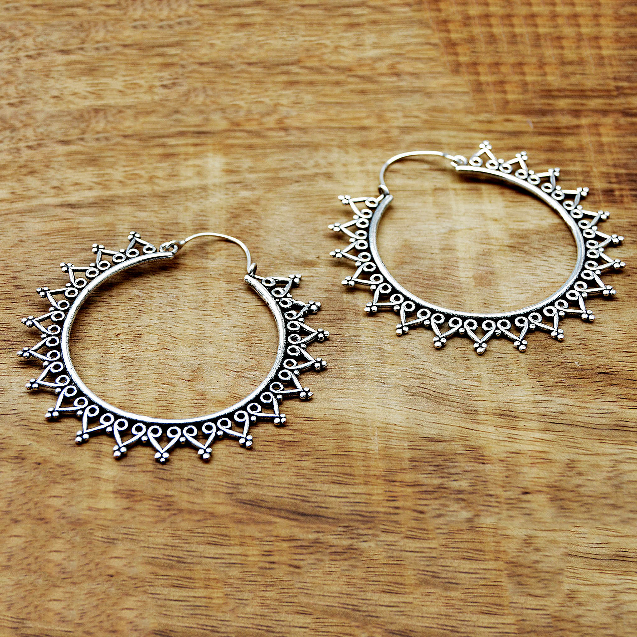 Ethnic silver hoop earrings