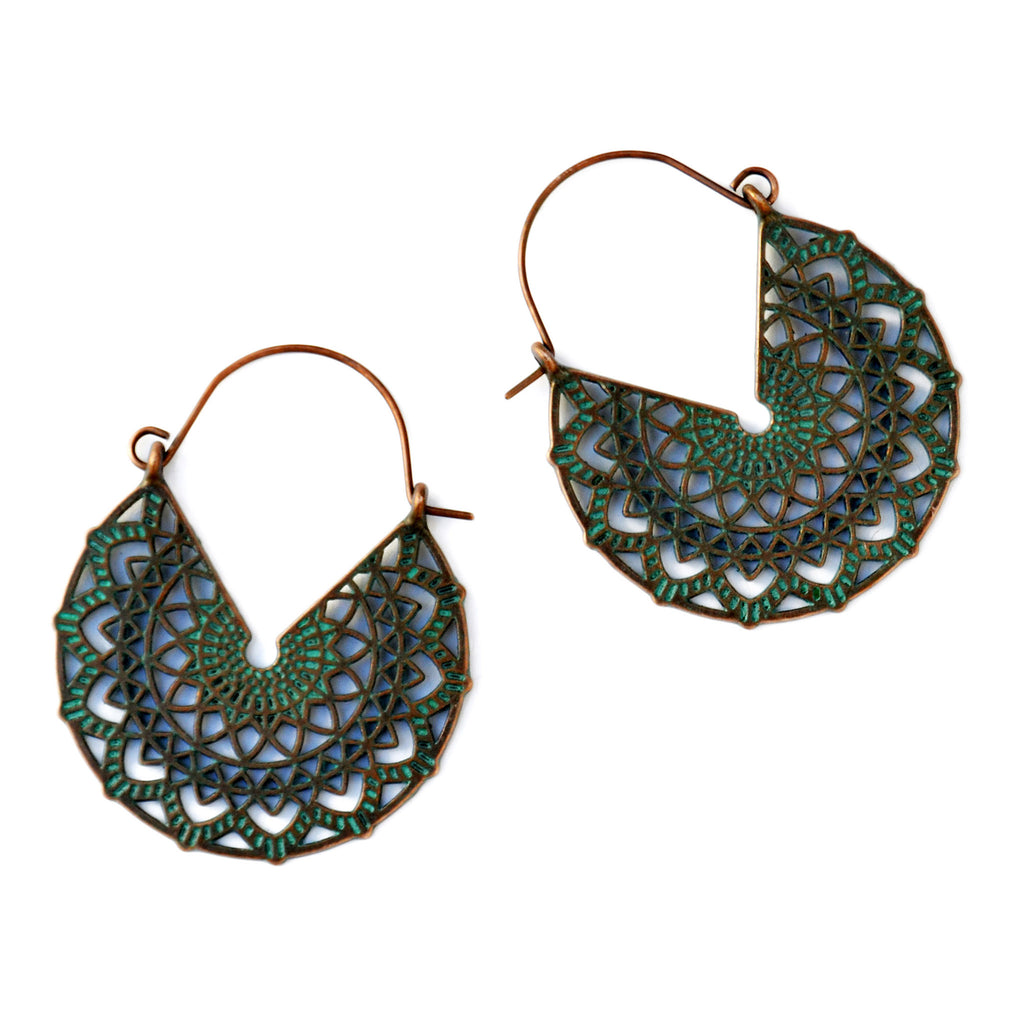 Filigree green copper mandala earrings