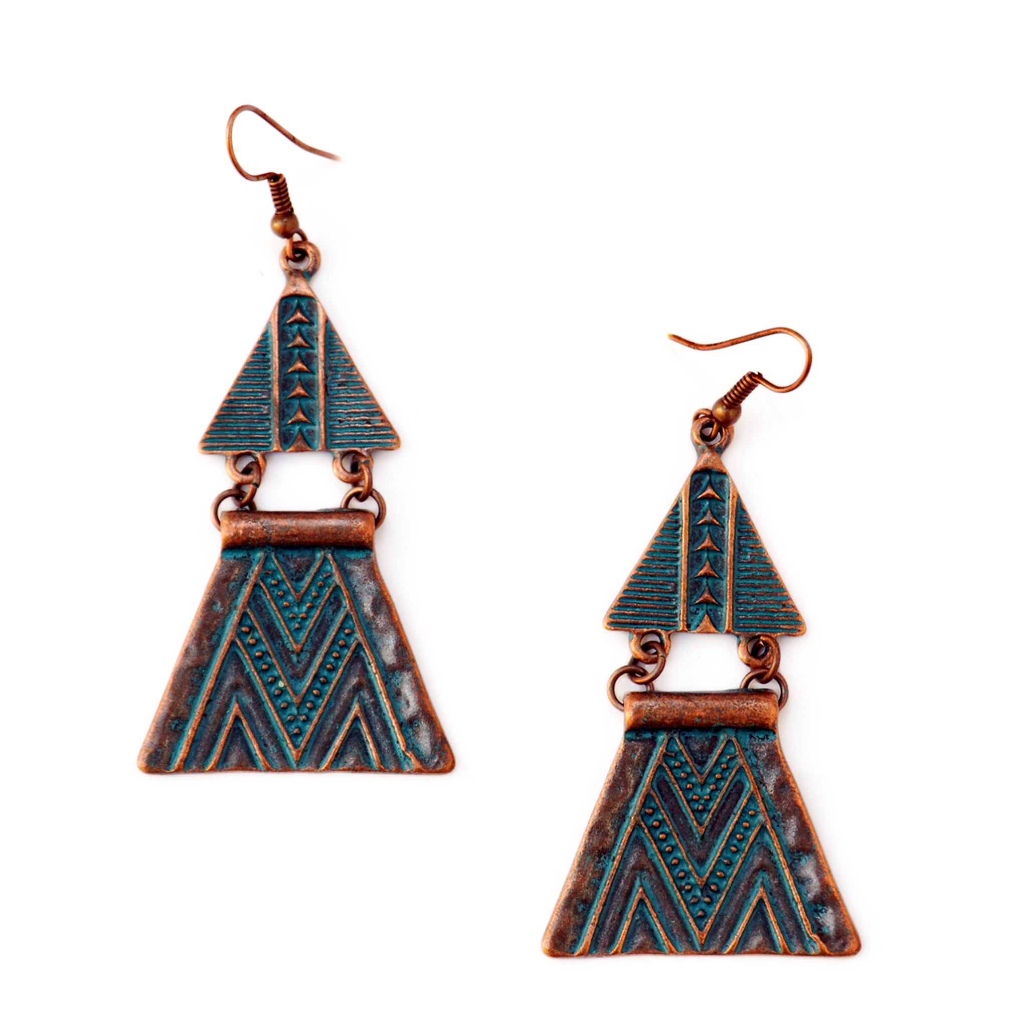 Green copper triangle earrings
