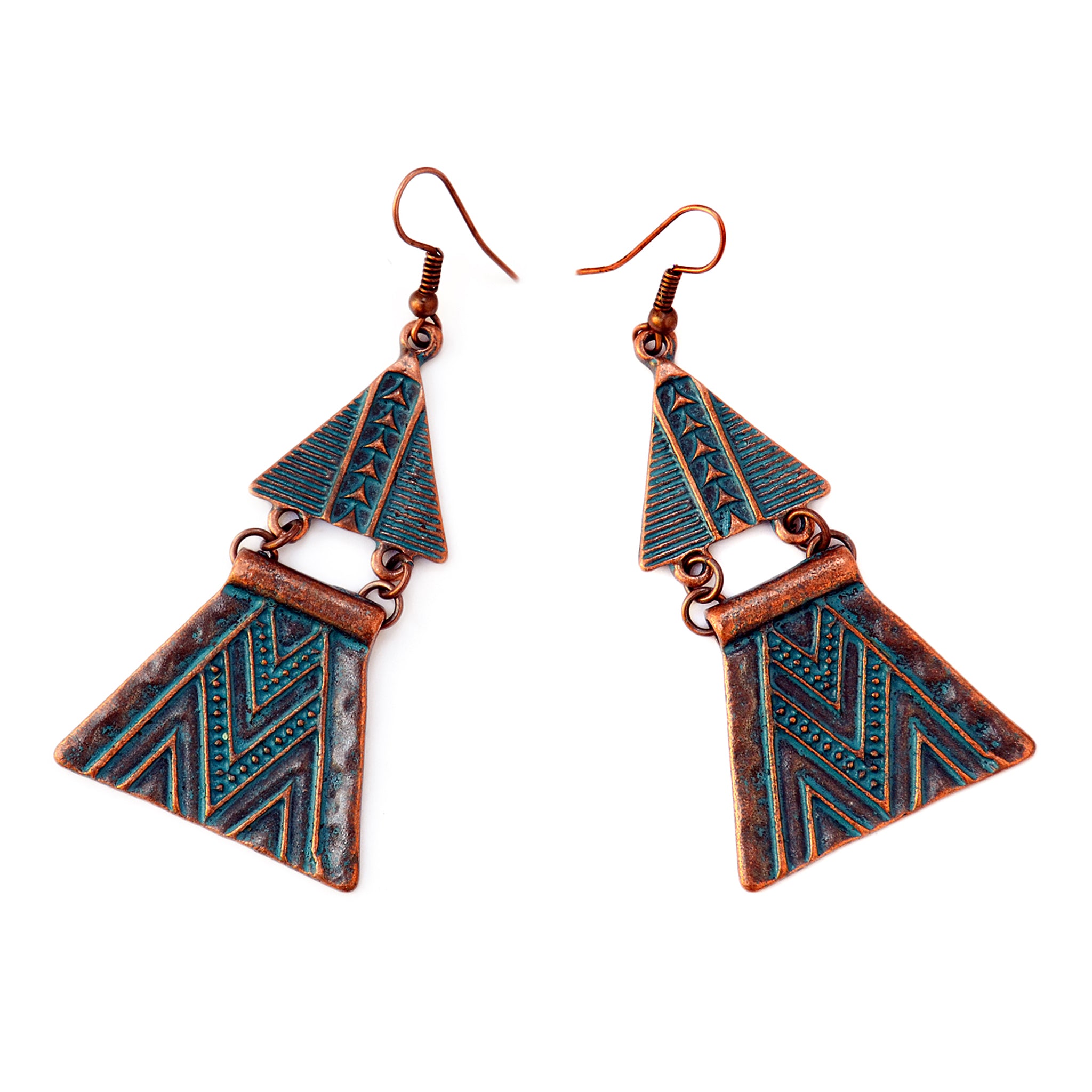 Aztec earrings with green patina