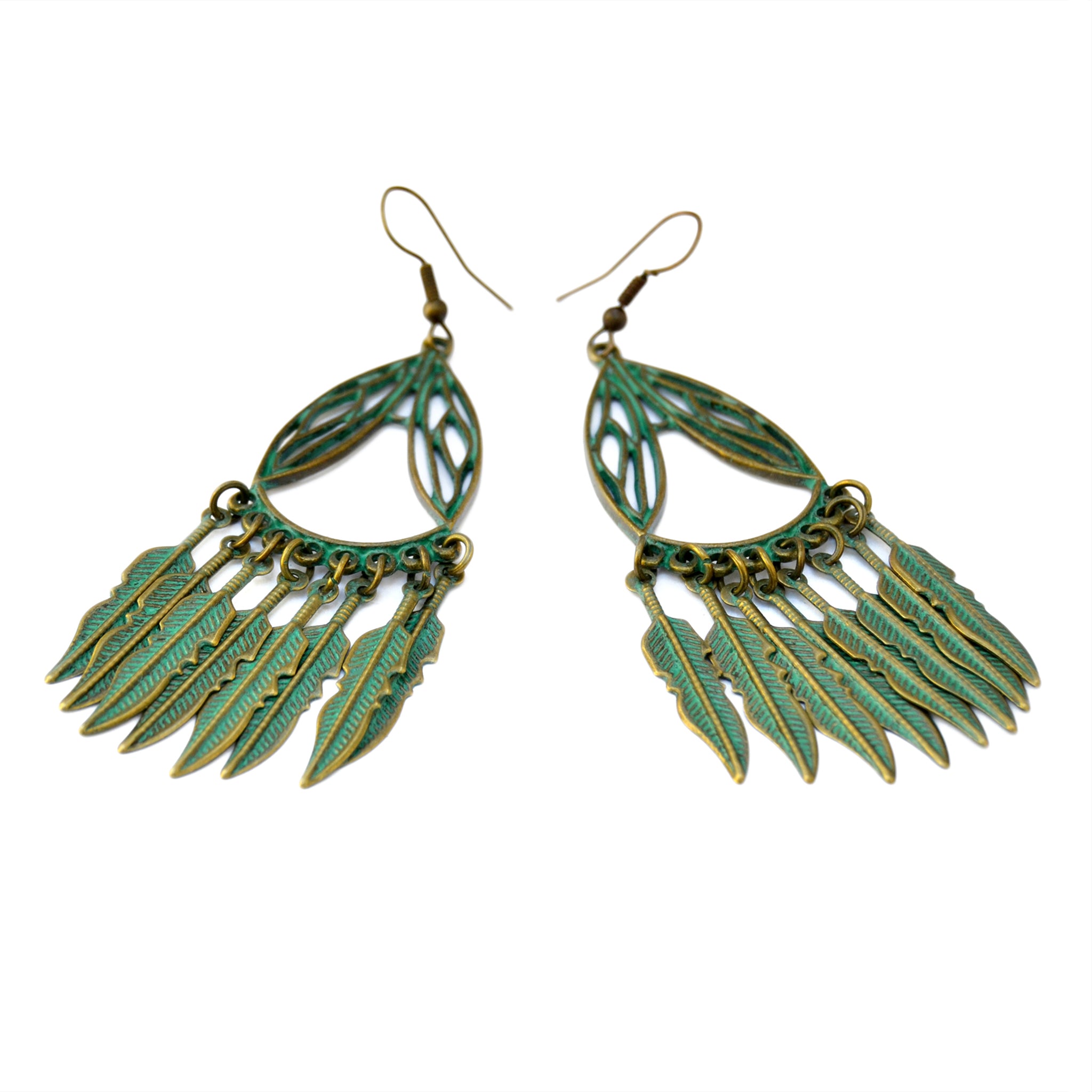 Green copper feather earrings