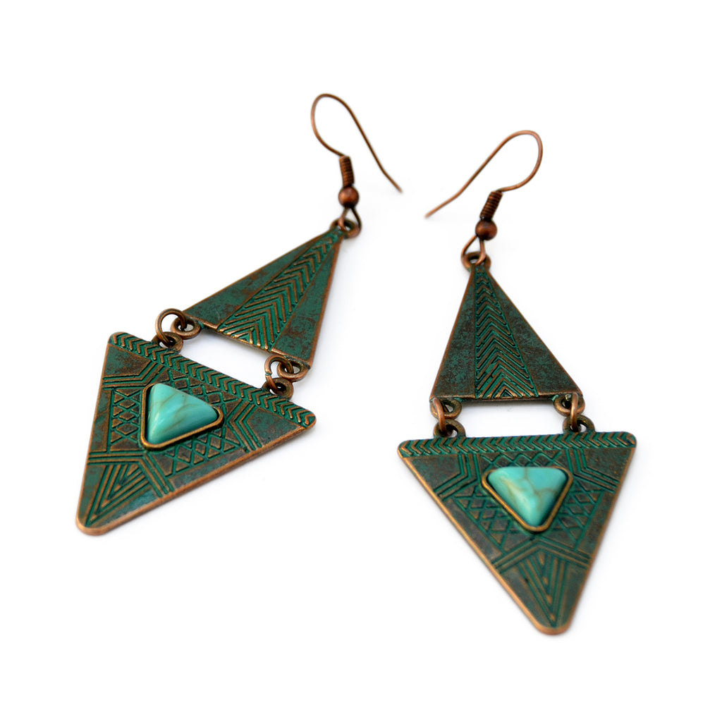 Green cooper triangle earrings