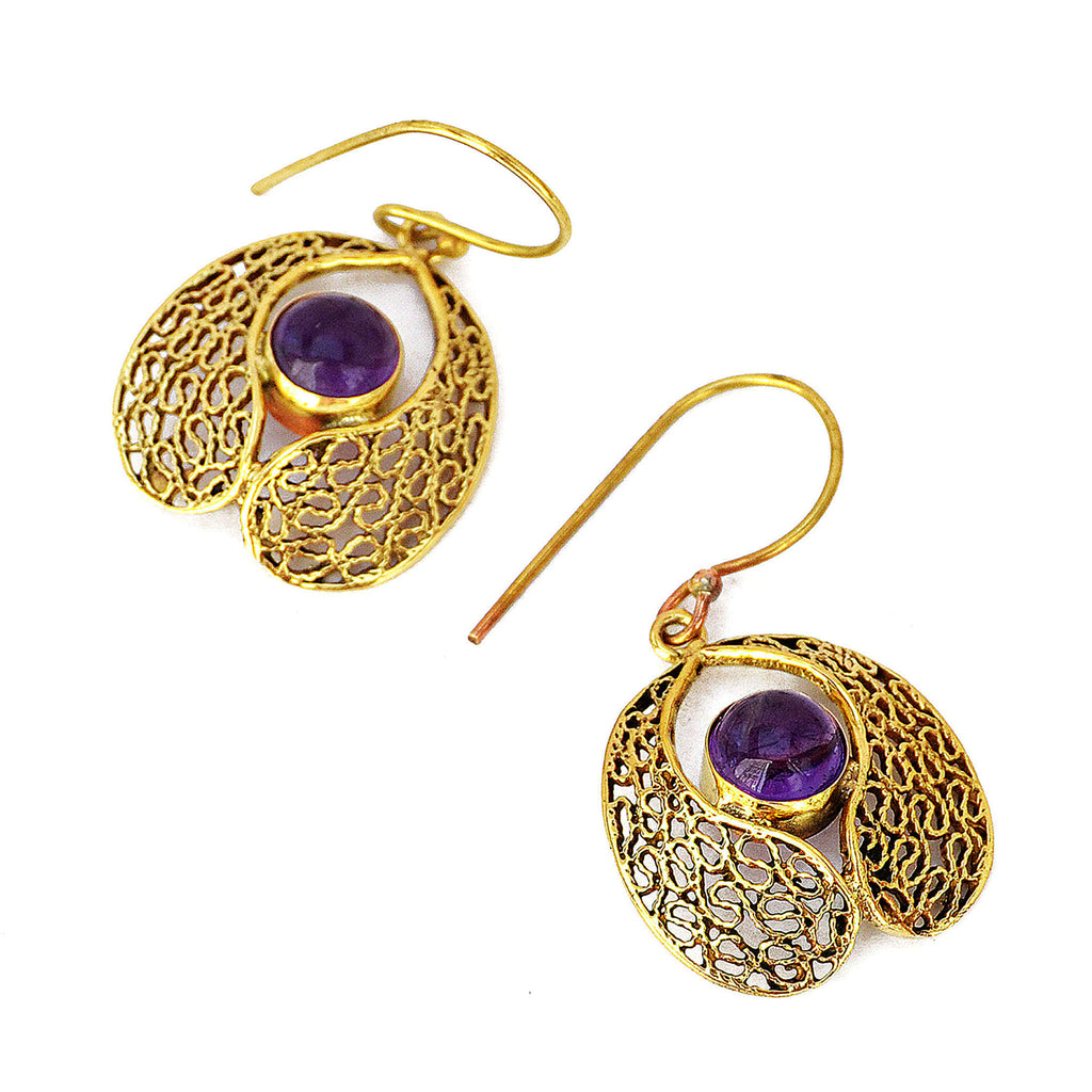 Brass earings with amethyst gemstone