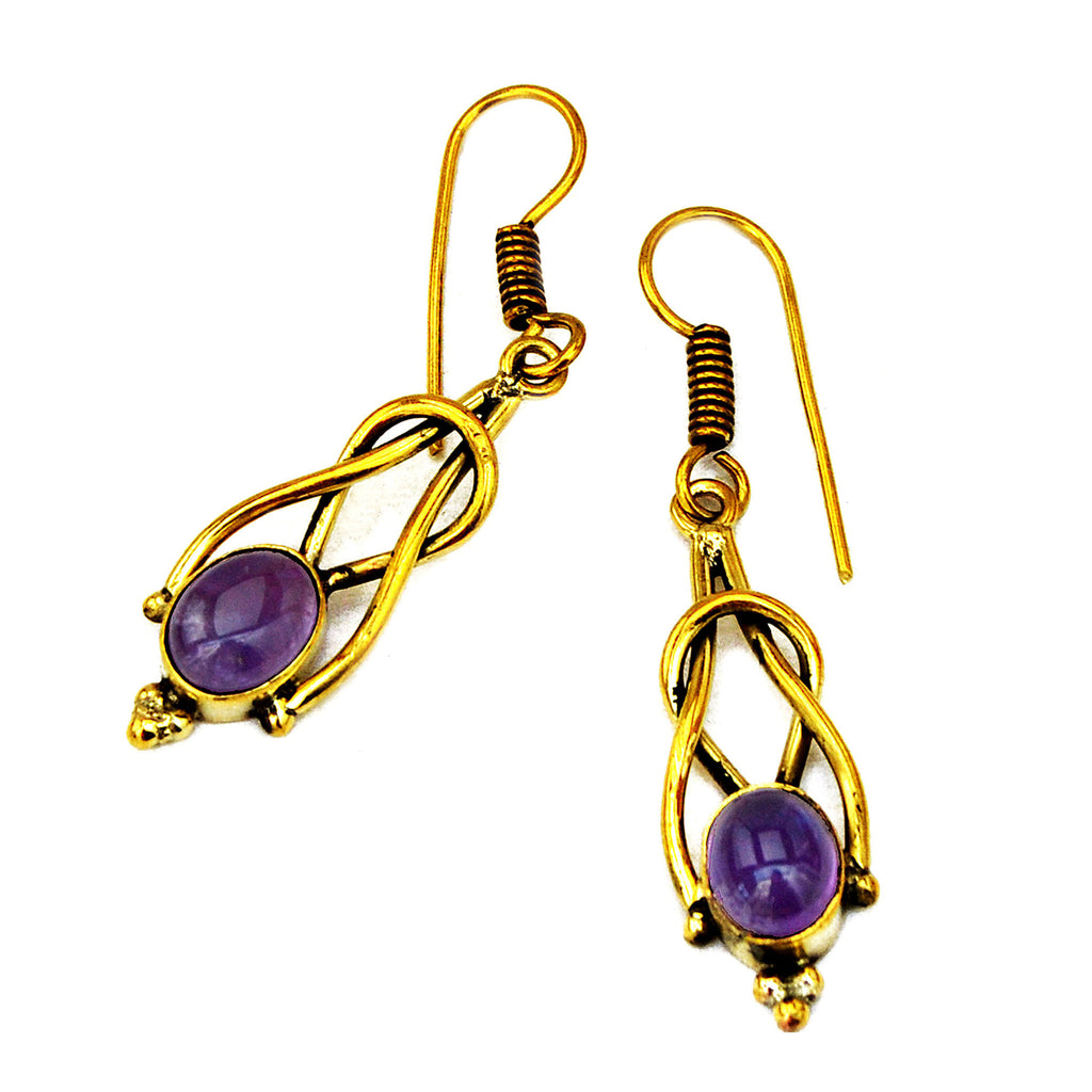 Delicate brass drop earrings with amethyst gemstones