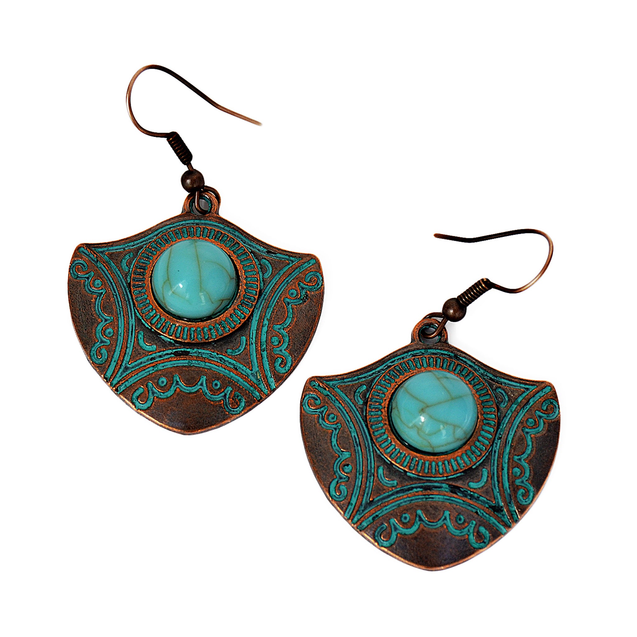 Tribal arrow earrings with turquoise bead and blue patina on copper