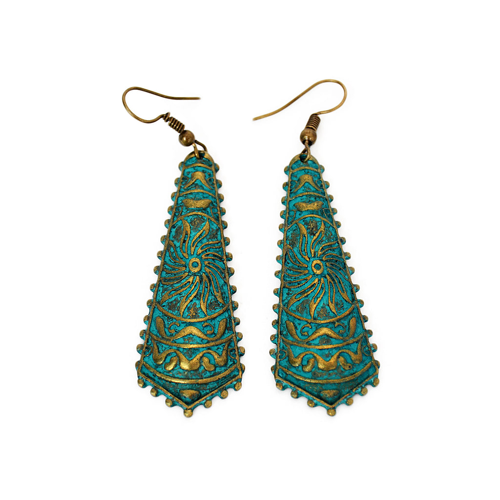 Drop hook earrings with engraved aztec design and blue green patina on brass