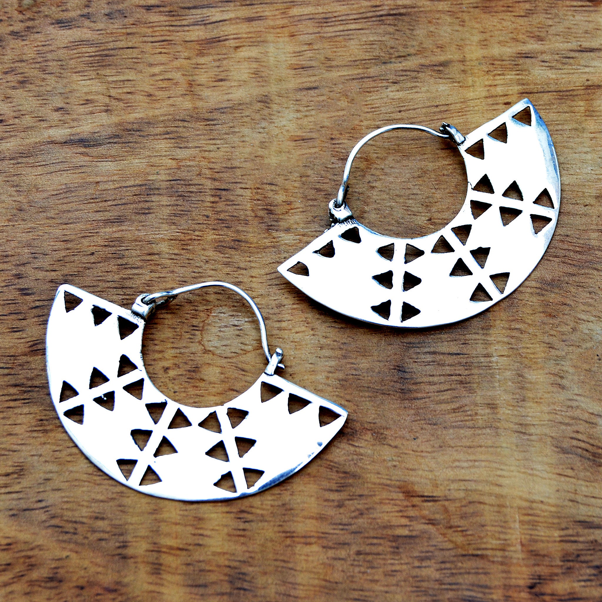 Silver tribal aztec fan earrings