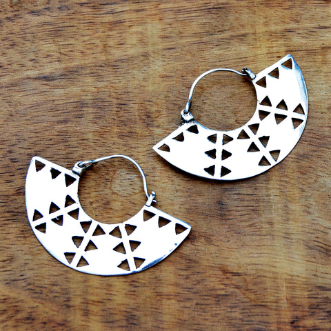 Silver tribal aztec fan earrings