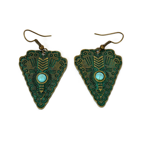Triangle hook earrings with turquoise bead, engraved ethnic details and green patina on brass