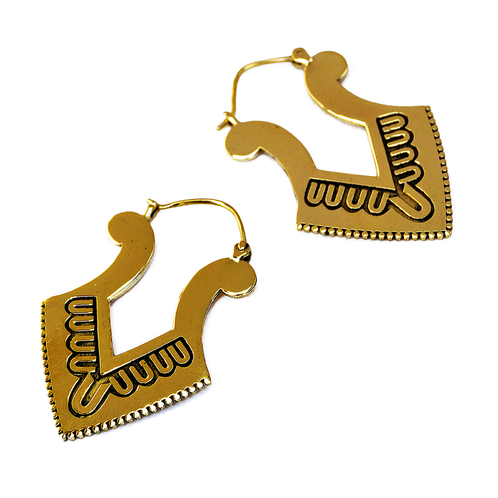 Brass geometric earrings with aztec design