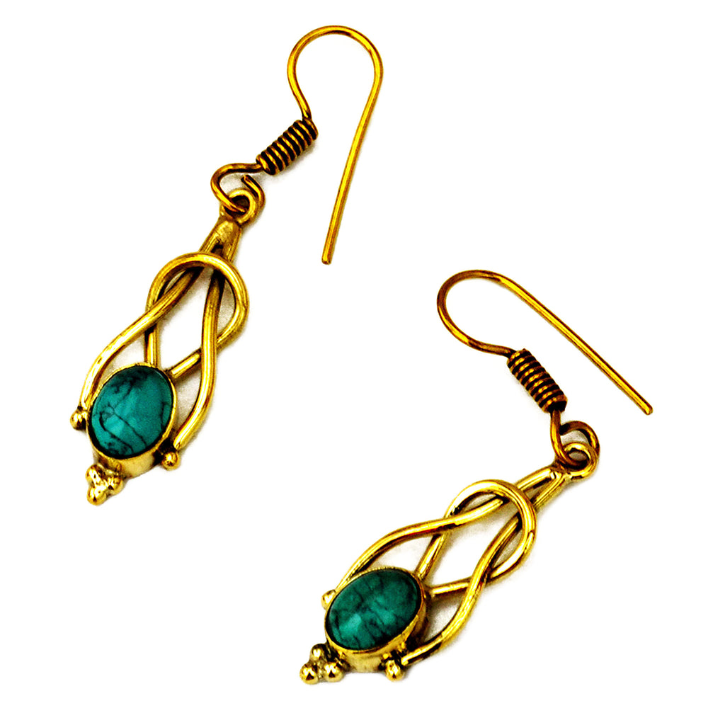 Brass dangle earrings with turquoise gemstone