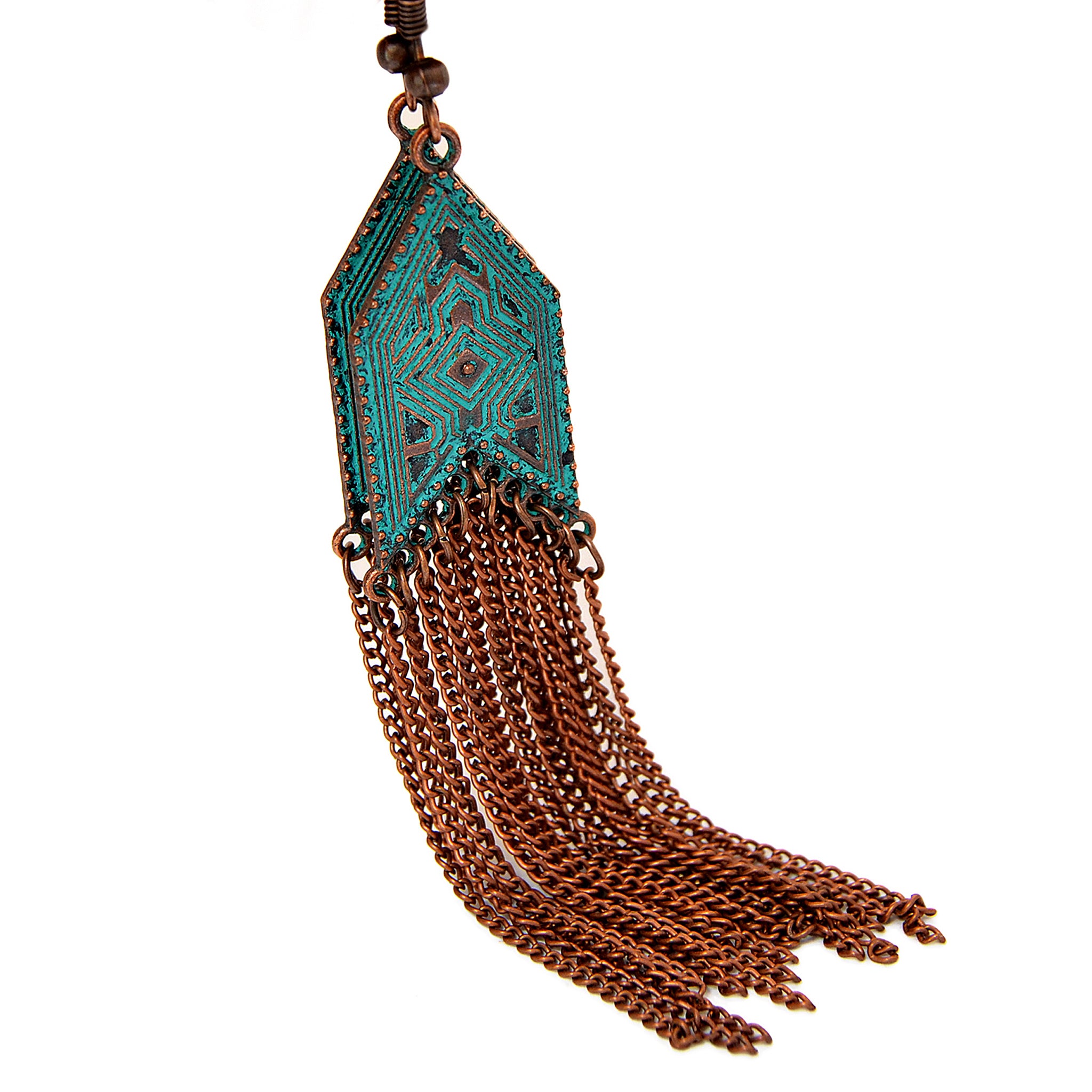 Multi chain drop earrings with geometric design and green blue patina on copper