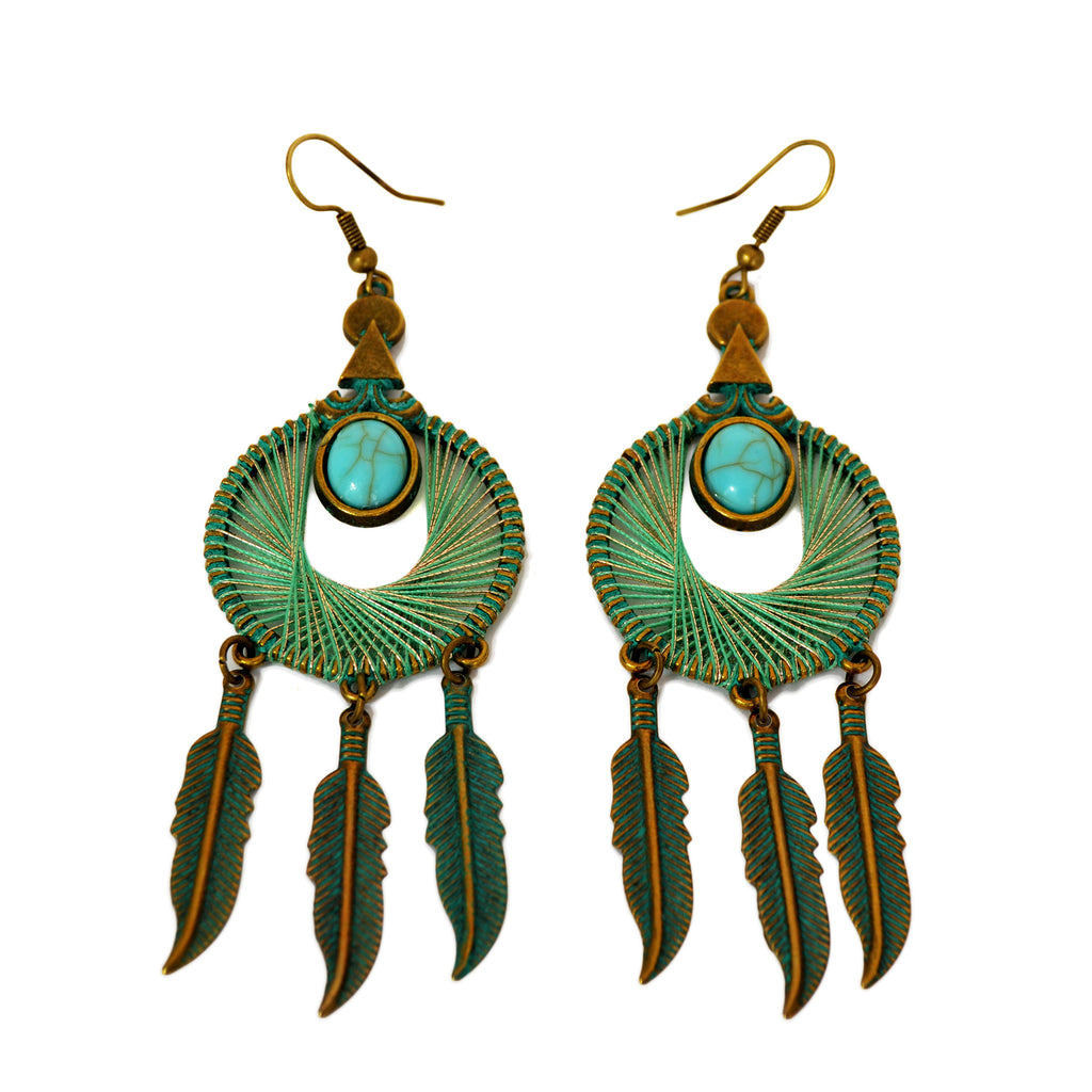 Tassel hoop patina earrings with blue and gold wrapped strings, turquoise bead and hanging feathers