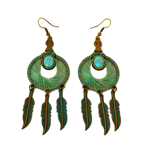 Tassel hoop patina earrings with blue and gold wrapped strings, turquoise bead and hanging feathers