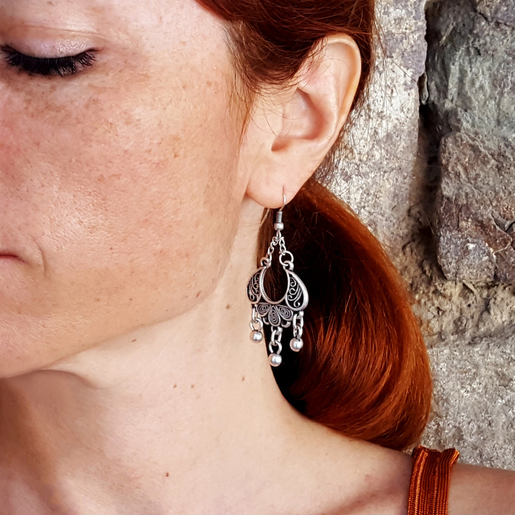 Silver boho gypsy filigree earrings