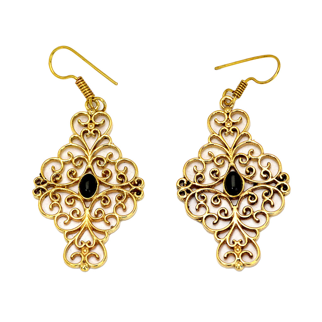 Indian brass filigree earrings with black onyx gemstone