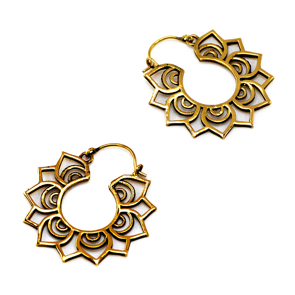 Brass lotus hoop earrings