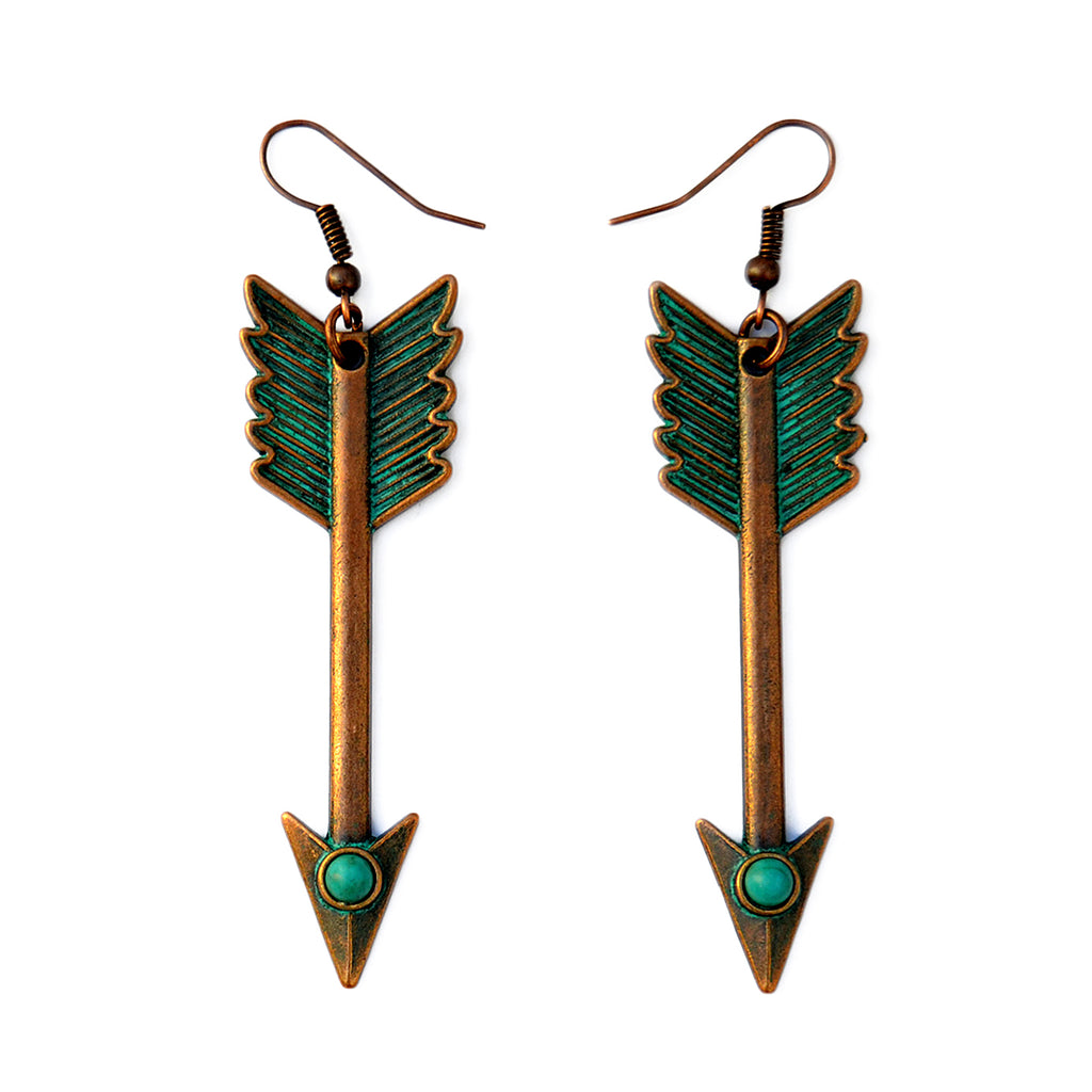 Green copper arrow earrings