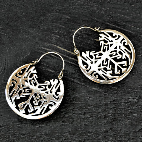Aztec tribal silver hoop earrings