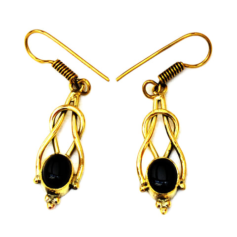 Drop brass earrings with black onyx stones