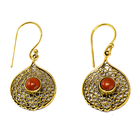 Brass filigree earrings with red jasper 