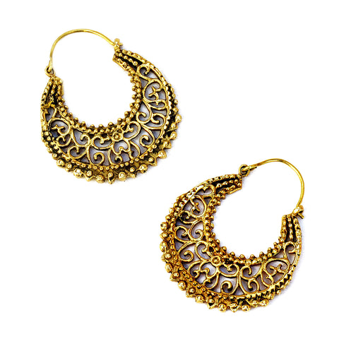 Brass indian hoop earrings with ethnic filigree work
