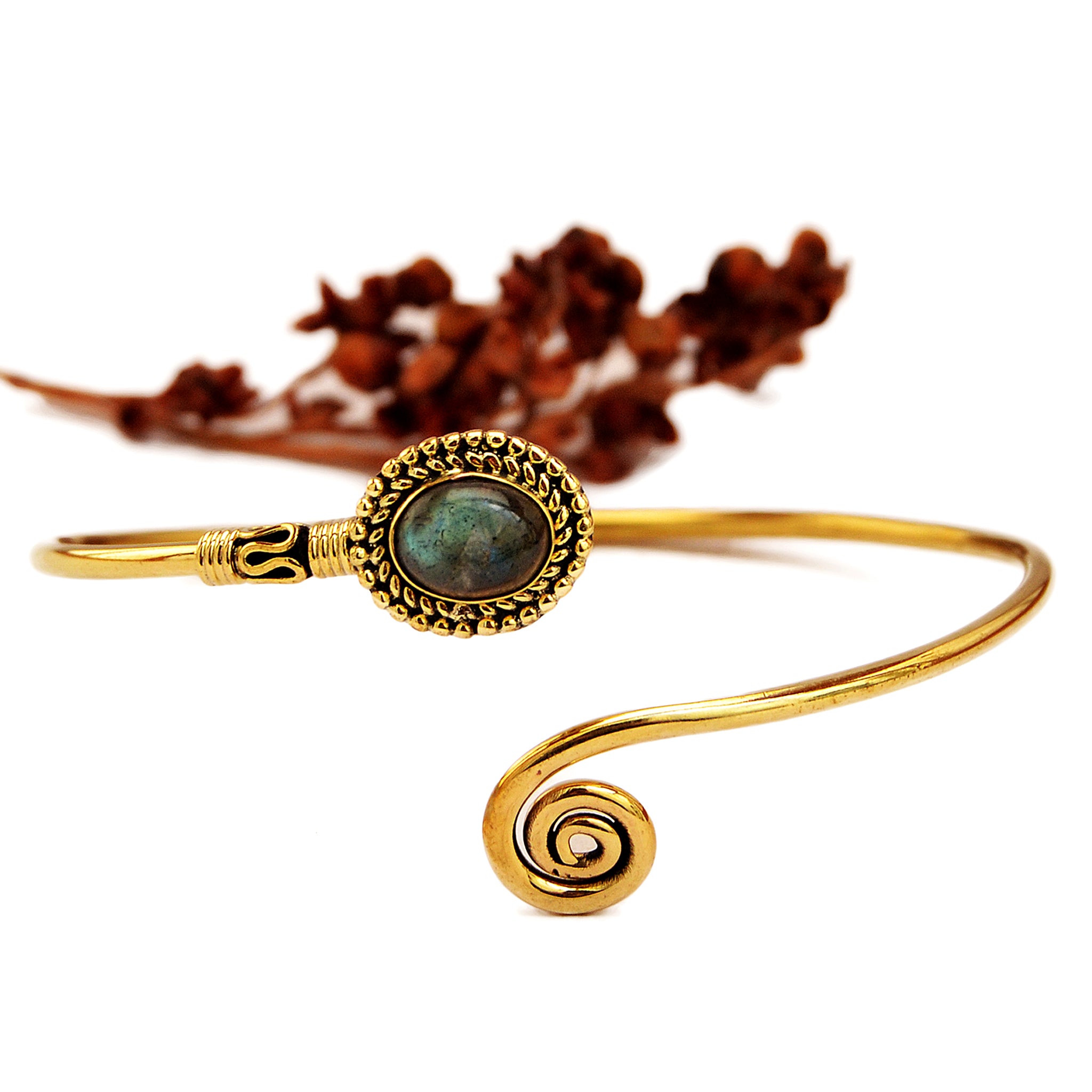Boho tribal brass bracelet with labradorite gemstone