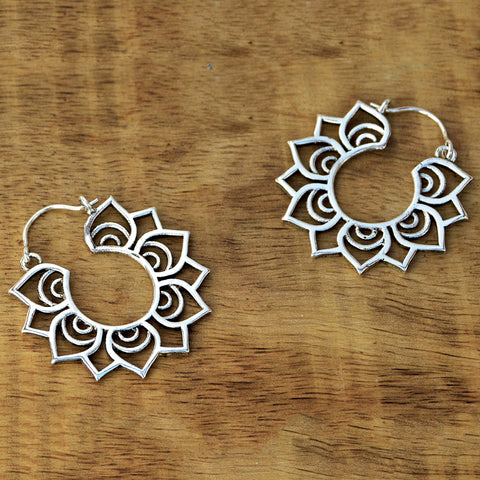 Silver lotus flower hoop earrings