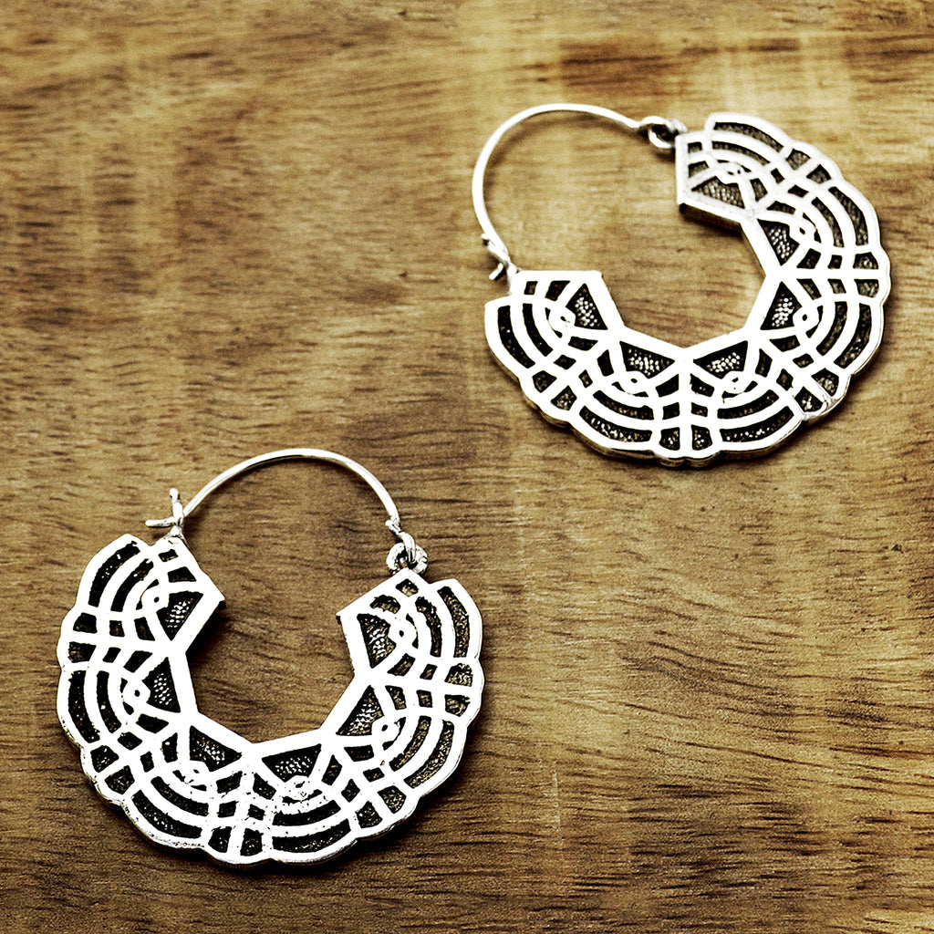 Ethnic silver mandala hoop earings