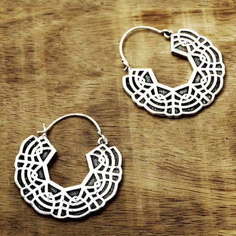 Ethnic silver mandala hoop earings
