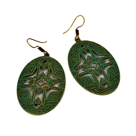Oval earrings with turquoise green patina and geometric carved design