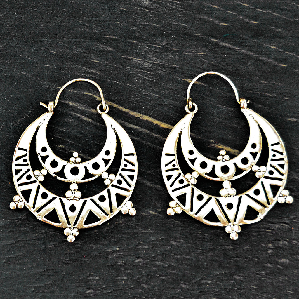 Silver aztec hoop earrings wuth geometric motifs