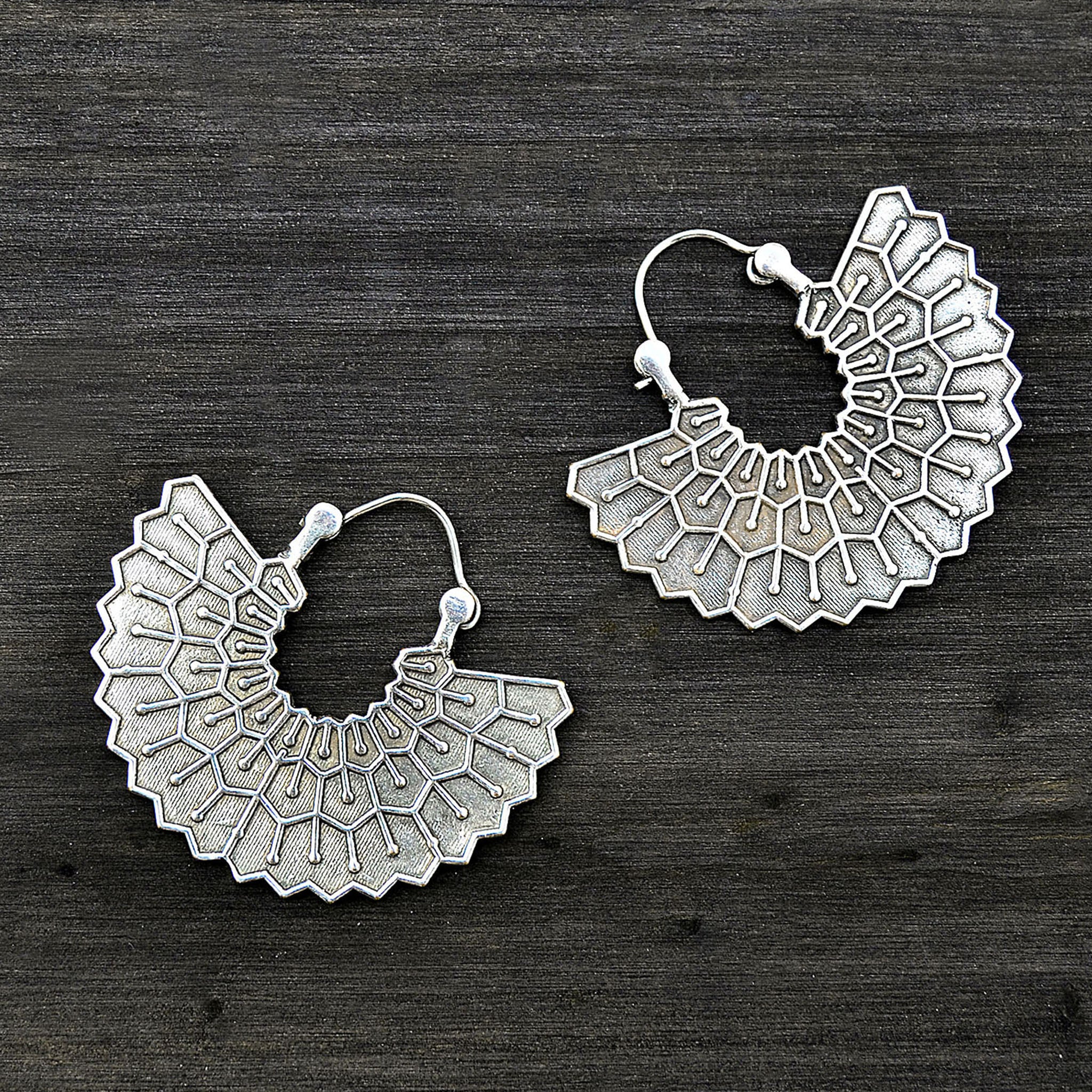Silver tribal fan earrings