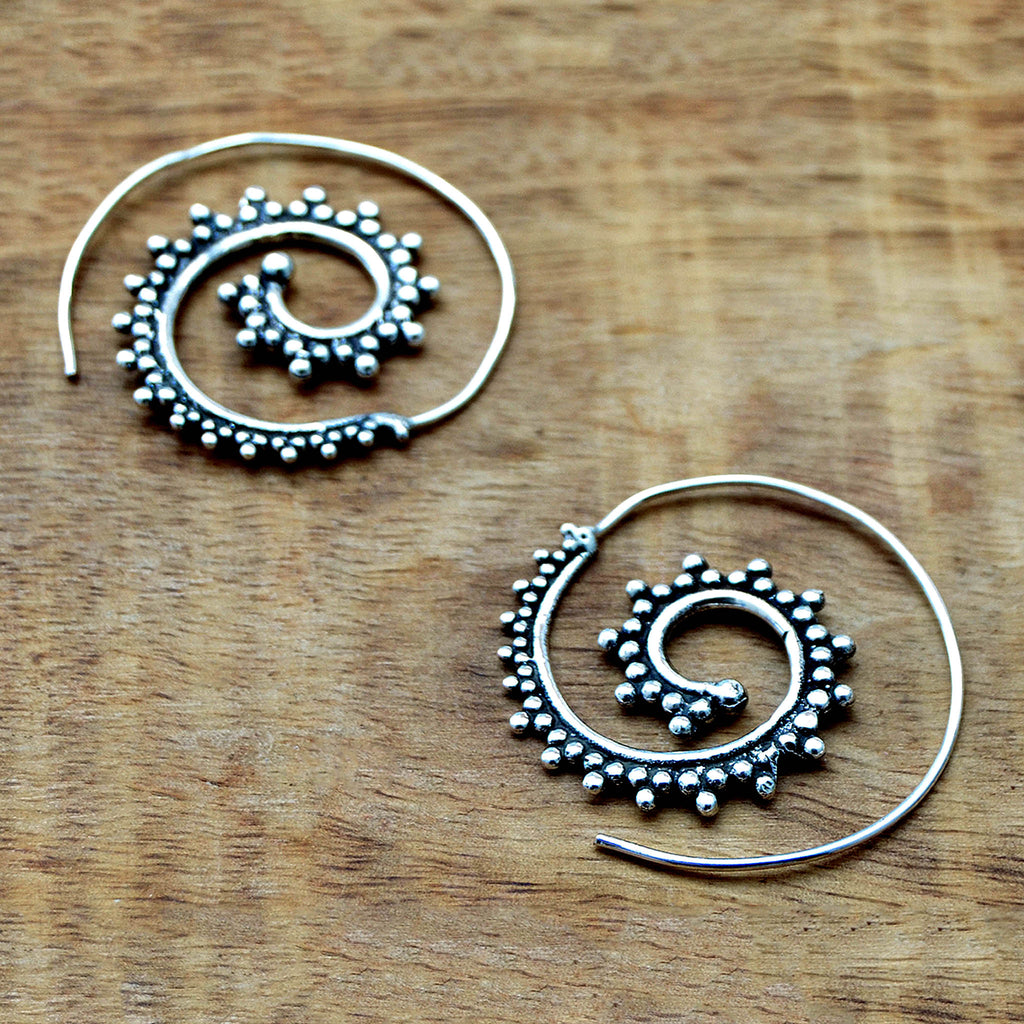 Silver gypsy spiral hook earrings