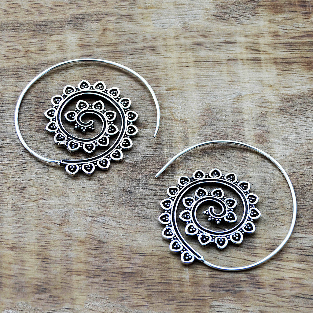 Gypsy spiral silver hook earrings