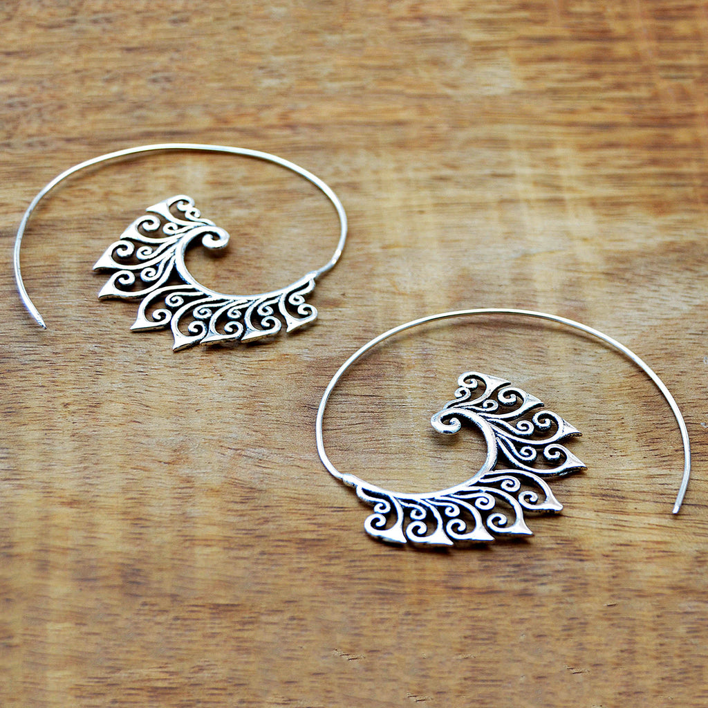 Ethnic silver floral spiral hook earrings