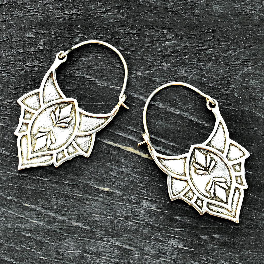 Silver tribal lotus earrings