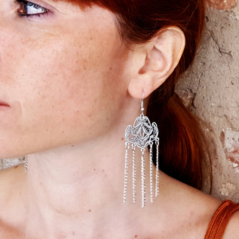 Silver ethnic turkish long filigree earrings